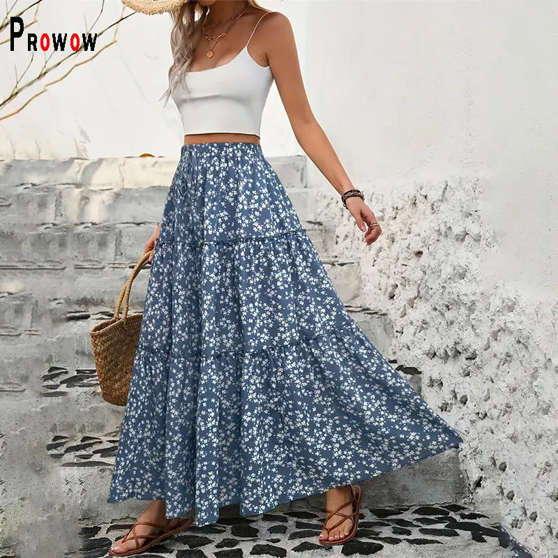 

Prowow Casual Floral Print Women's Skirts 2025 New Trend Summer A-line Slim Fit Skirt for Lady Elastic Waist Female Beach Wear