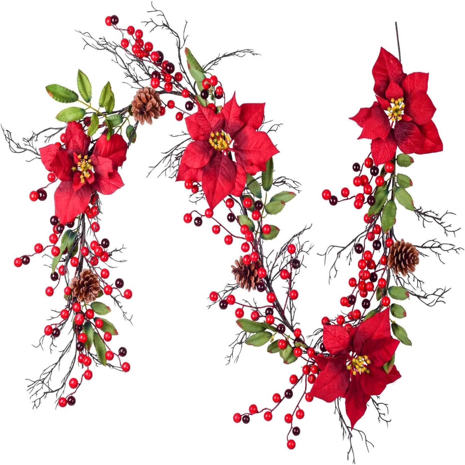 5.3ft Christmas Garland with Red Poinsettias, Holly Leaves, Pine Cones - Festive Holiday Party Decor