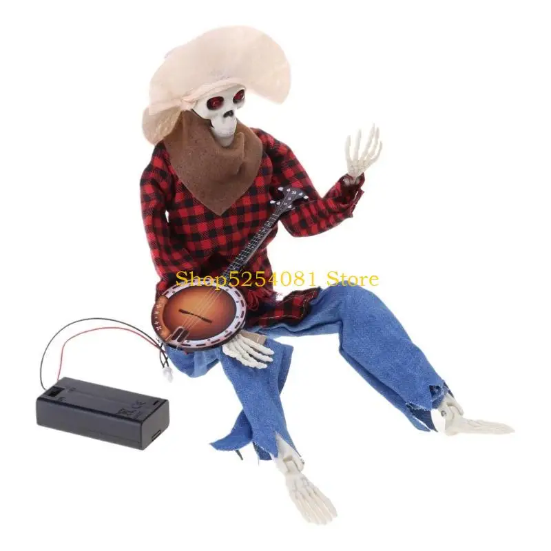 AXYC Funny Animated Banjo Skeleton, Cowboy Skull Statue, Animated Movement/Sound Activated Music, Multilingual Banjo Skeleton