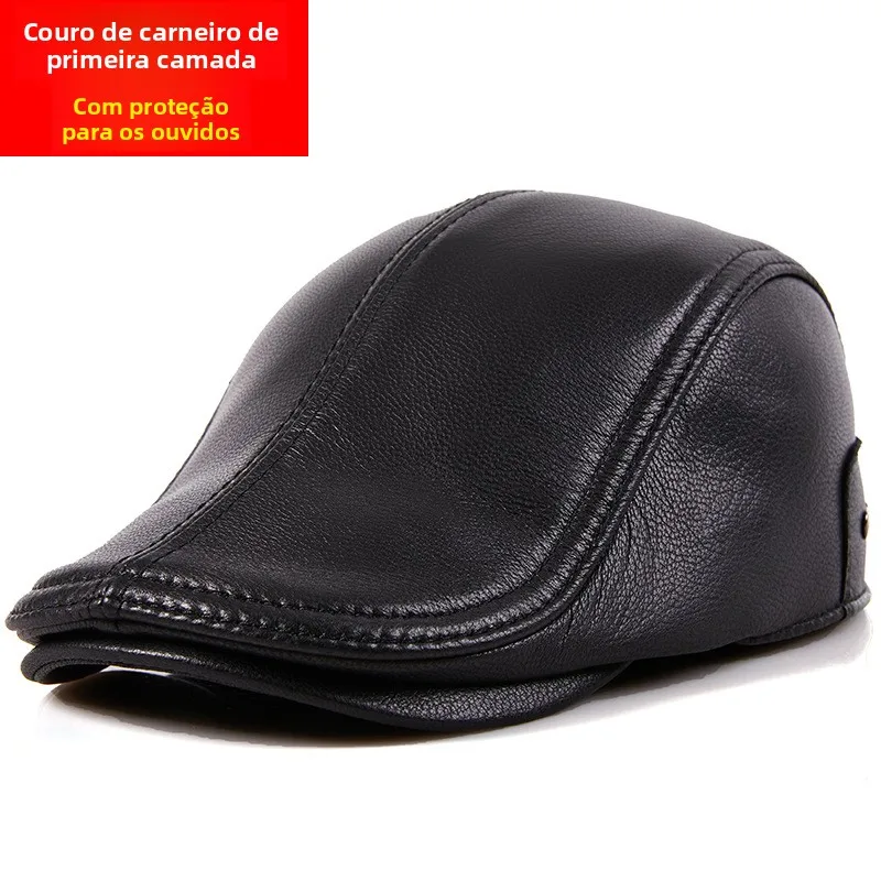 autumn-winter-new-style-genuine-leather-beret-hat-for-men-with-ear-protection-extended-bill-casual-fashion-streetwear