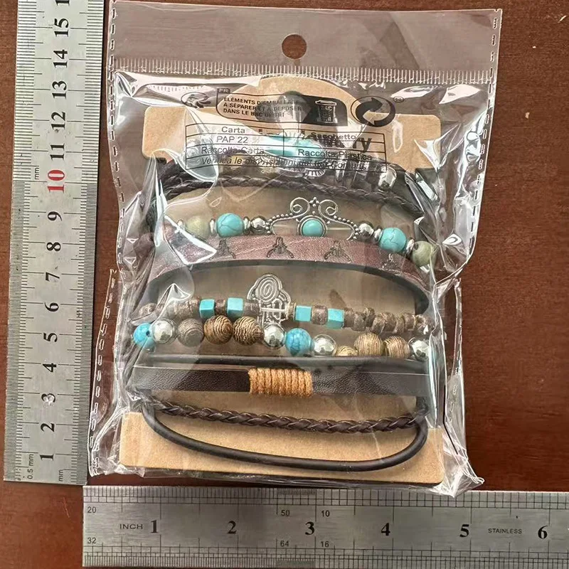 Men's Cactus Turquoise Leather Wooden Beads Multi-layer Accessories Set