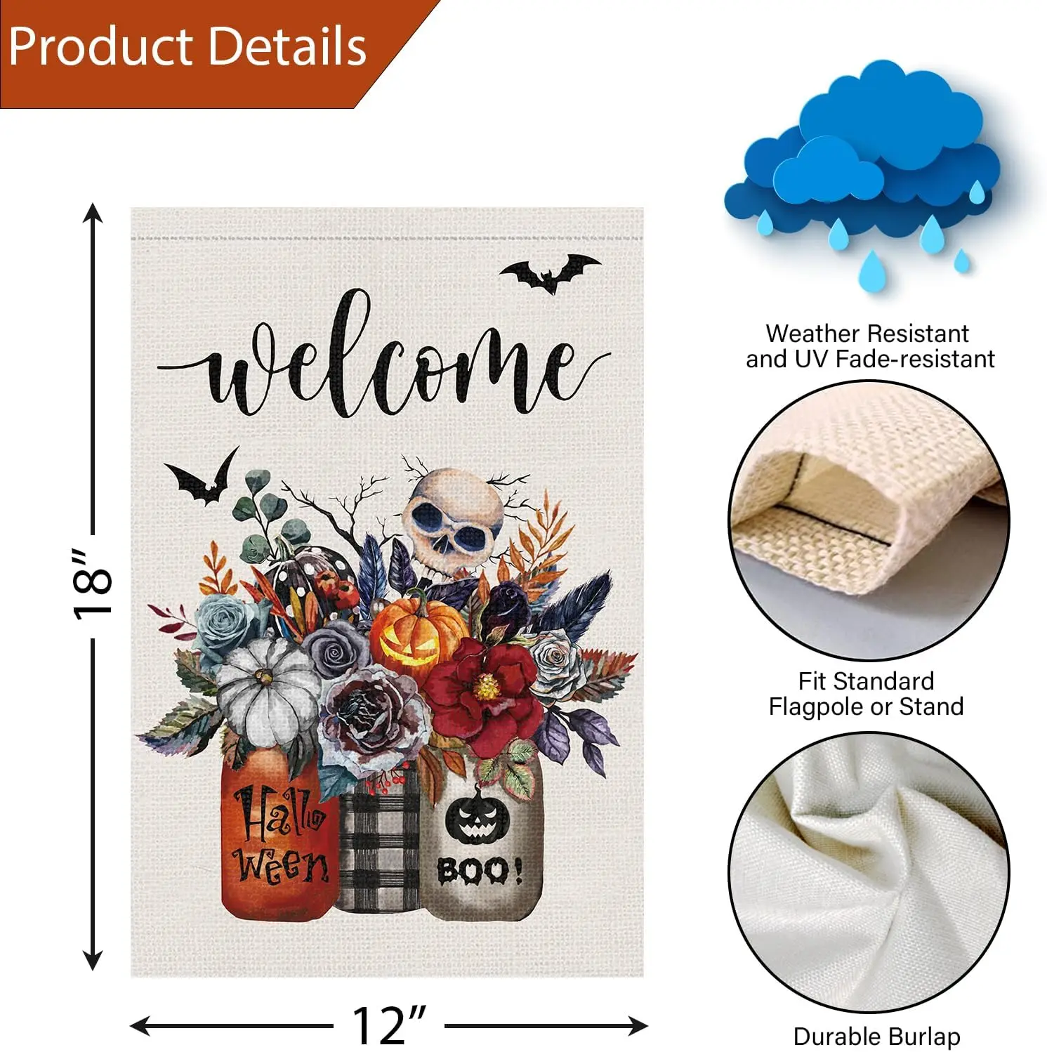 Louise Maelys Halloween Floral Garden Flag 12x18 Double Sided, Burlap Small Welcome Halloween Mason Jar Skull Yard House Fla UUN