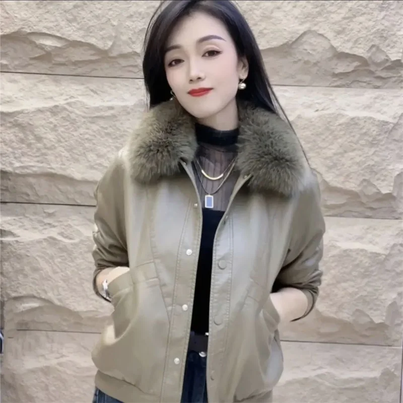 Leather Jacket Add Velvet Thickened Female Protein Leather Jacket 2024 Autumn Winter New Large Fur Collar Warm Temperament Coat