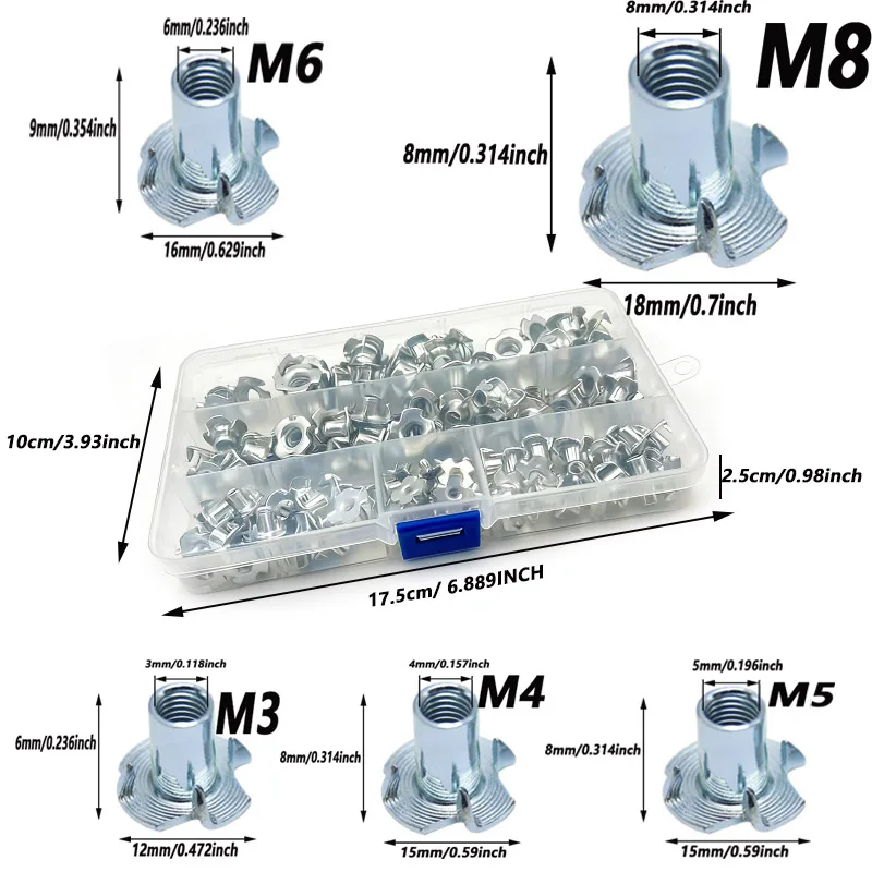 130Pcs Set Threaded Insert Nuts 4-Prong T-Nuts M3 M4 M5 M6 M8 Four-Prong Nails Wood Board Insert Nuts Four-Point Insert Nuts Ideal for Climbing Brackets, Wooden Brackets, and Cabinet Woodworking Furniture, These Safety Nuts Are Ideal for Reinforcing Furniture and Doors, Preventing Loosening