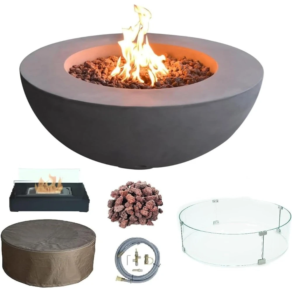 

Fire Pit Table, Canvas Cover, Lava Rock Included, Natural Gas, Free Wind Guard, Elementi Lunar Bowl Cast Concrete Fire Pit Table