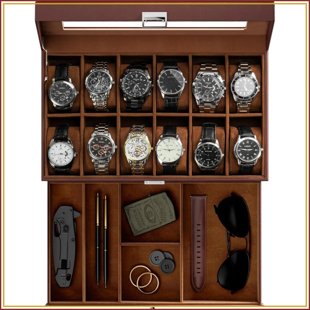 

ProCase Watch Box, 12 Slot Mens Watch Case with Drawer, 2-Layer Glass Display Case, Jewelry Storage Organizer, Gift for Dad