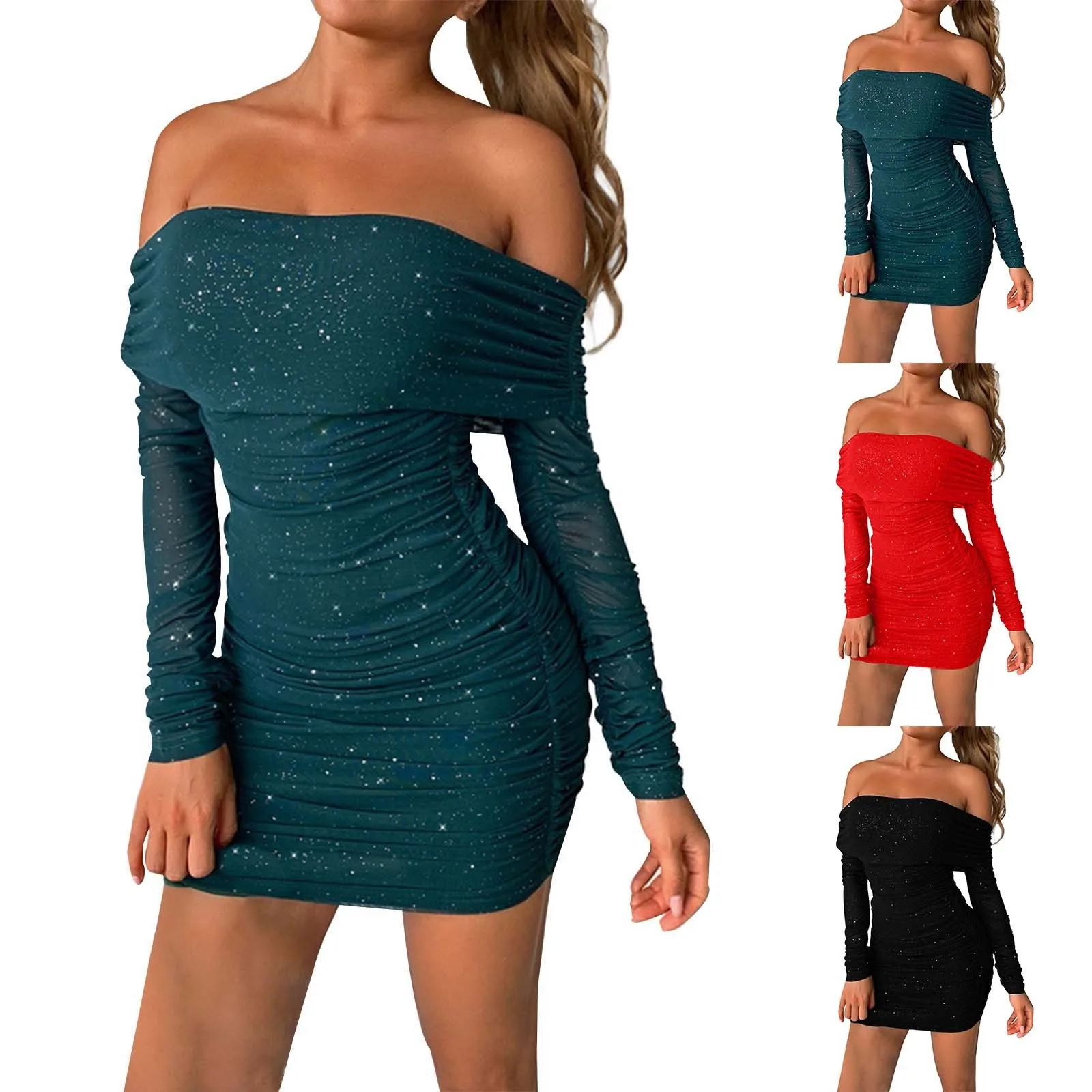 Princess Dresses For Girls Solid Color Off Shoulder Long Sleeve Ruched Bodycon Dresses For Women Holiday Dresses For Women 2024