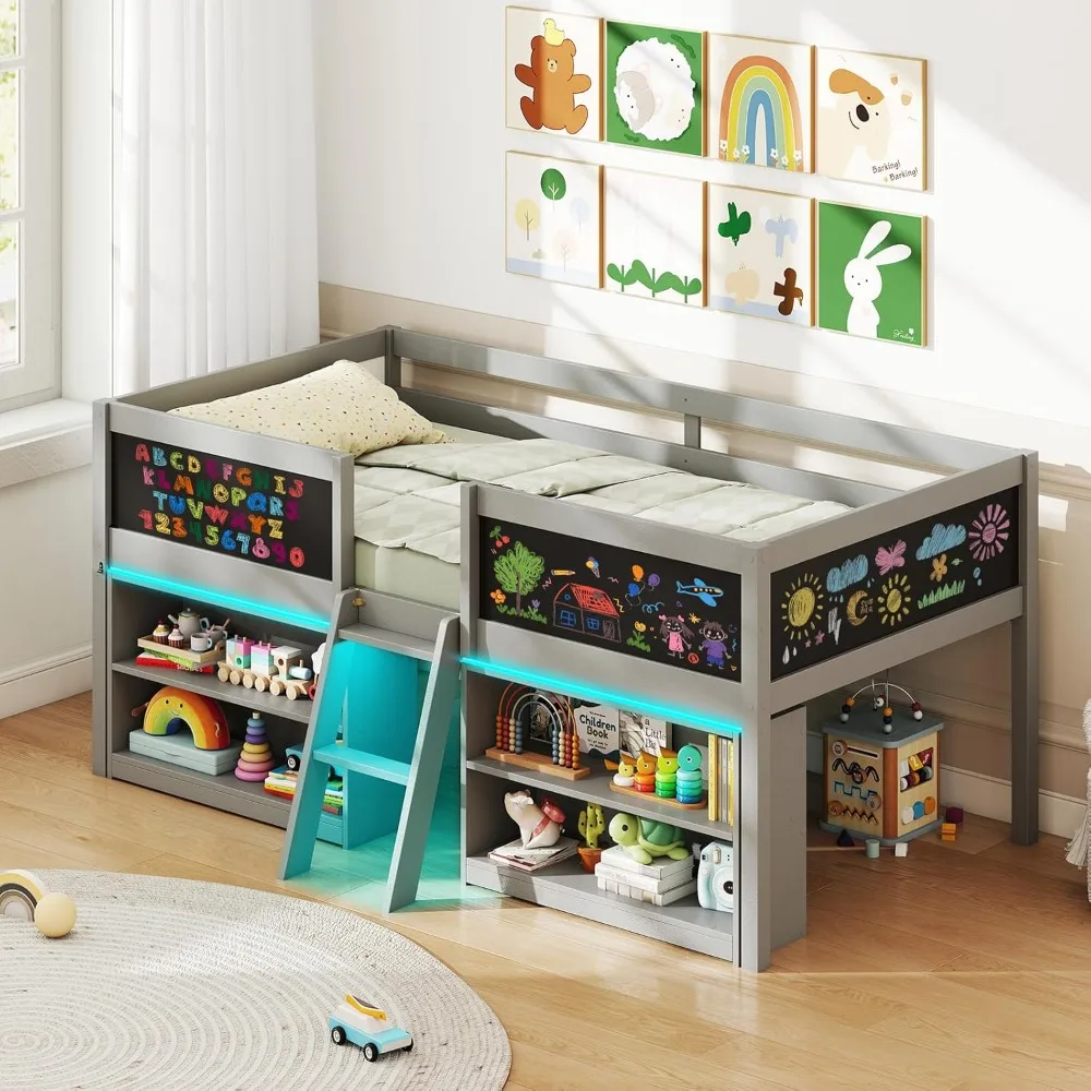 Low Loft Bed with LED Lights, Wooden Twin Size Loft Bed with Ladder & Blackboard, Twin Bed Frames for Kids with Storage