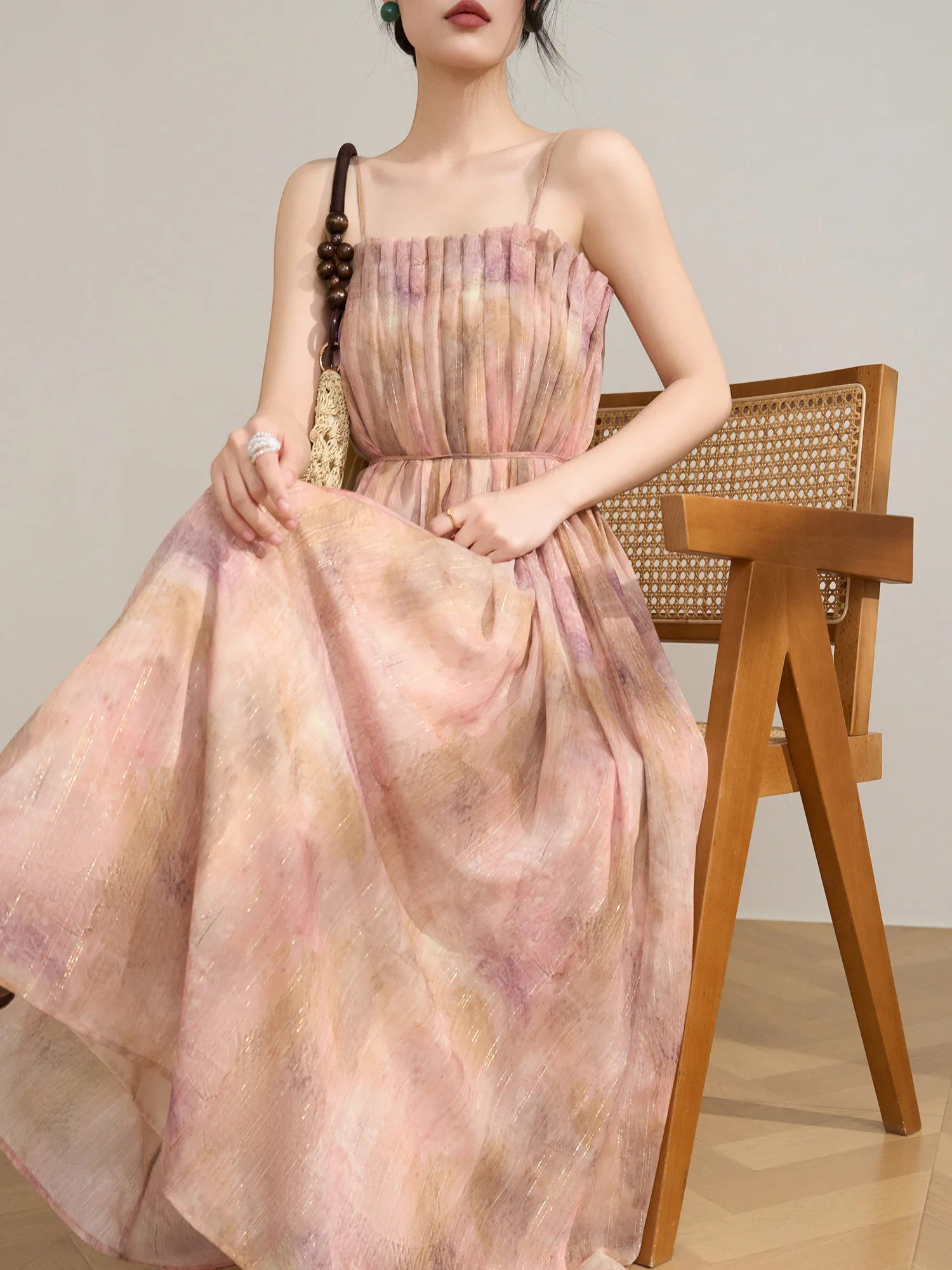 

Летнее макси-платье Flowing Era с принтом, плиссированное, с естественной линией талии, пляжный наряд, женское модное повседневное платье А-силуэта