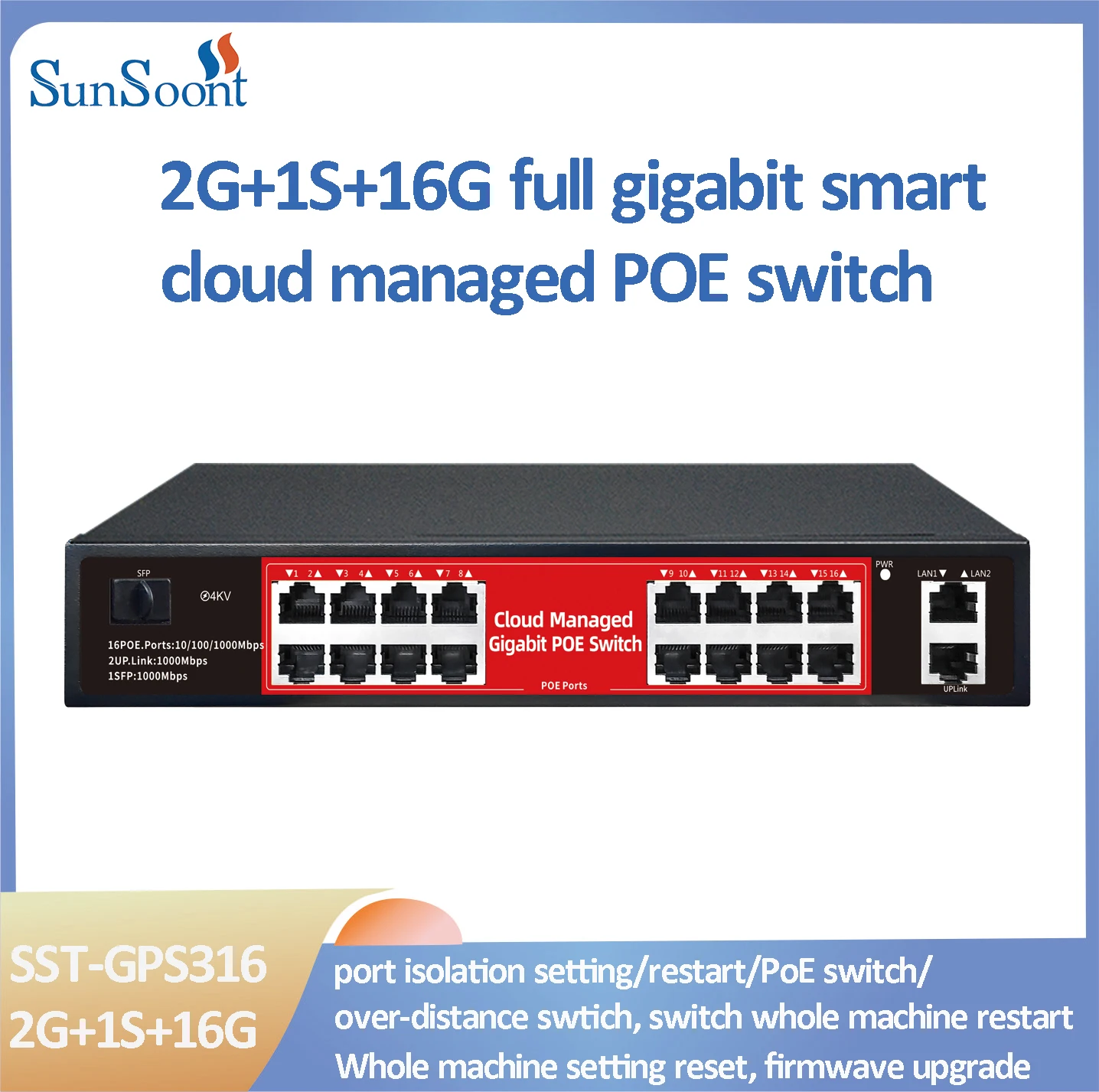 

16-портовый коммутатор POE 48 В, активный POE IEEE802.3 AF/AT, облачный управляемый коммутатор Poe для IP-камеры видеонаблюдения