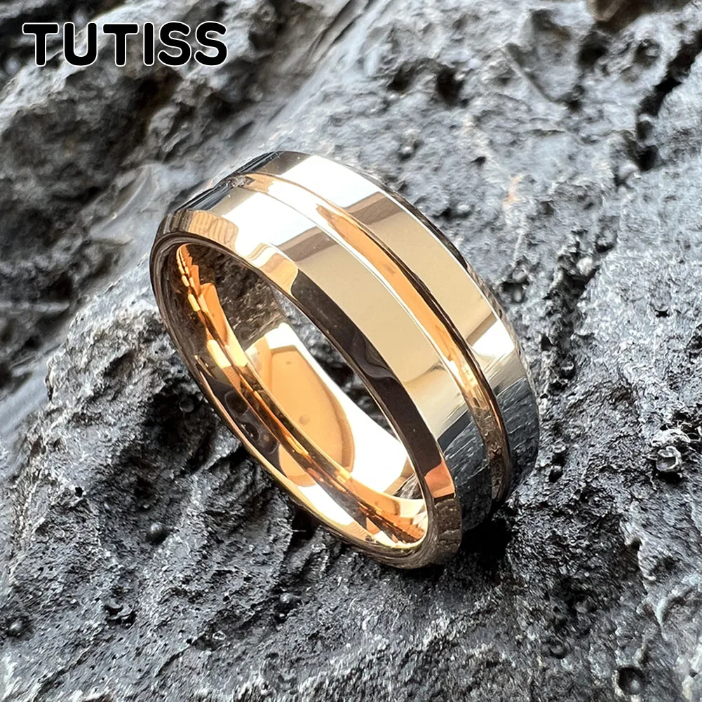 TUTISS 6mm 8mm Nice Couple Ring Men Women Shiny Tungsten Wedding Band Center Groove Beveled Edges