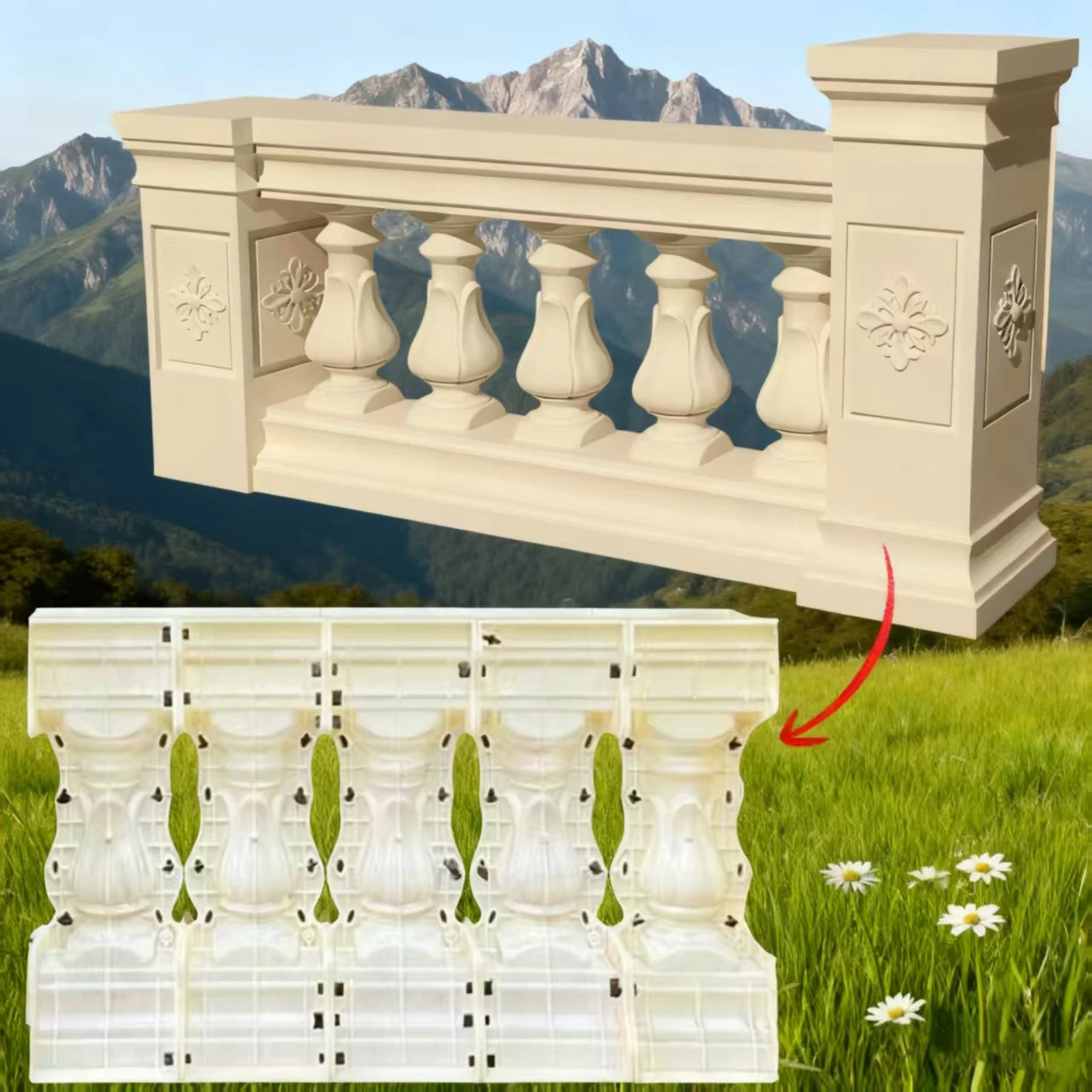 Molde de barandilla de fundición de hormigón estilo orquídea de 60 cm de alto, 1,0 m (cinco columnas pequeñas en total), molde de barandilla de columna romana, valla de villa de estilo europeo, modelo de cemento fundido en efectivo, barandilla de balcón DIY, reutilizable, fácil de operar.