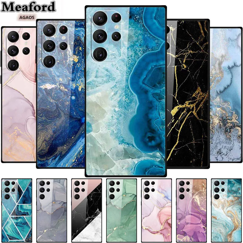 For Samsung S23 Ultra Glass Case Marble Tempered Back Cover Hard Cases for Samsung Galaxy S23 Plus Funda Girl Protection Coque