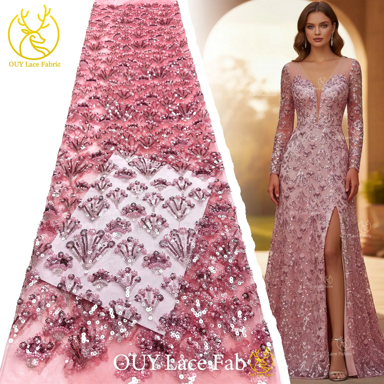 

Luxury French Beaded Sequin Lace Fabric 5 Yards Premium Wedding Fabric Nigerian Groom Embroidered Tulle Lace Bridal Gown Fabric