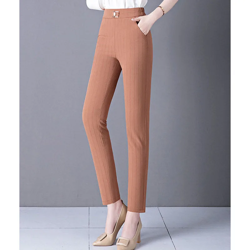 Fashion Straight Slim Solid Color Trouser Suits for Women Spring Summer New Office Lady Casual Simplicity Elastic Waist Pants