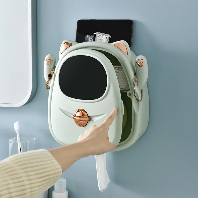 Wall Mount Cat Toilet Paper Holder Waterproof Tray Roll Tube Tissue Box Drawer Tissue Holder Bathroom Storage Shelves