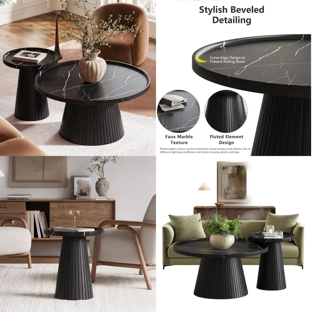 

Современный набор журнальных столиков Marble-Veneer, рифленые круглые столы из 2 предметов, минималистичные столы для гостиной и офиса, черный