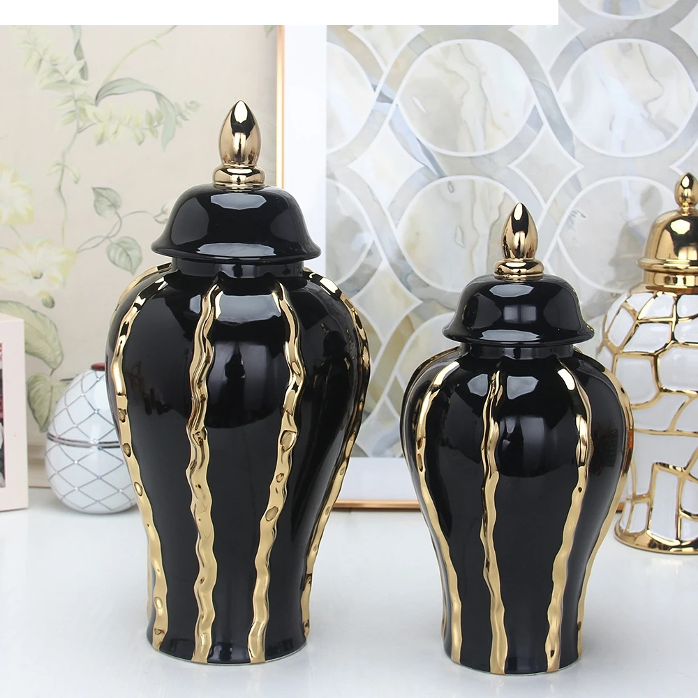 

Black Gold Ceramic Pot Checkmate Can Golden Wave Pattern Porcelain Vintage Bottle Flower Vase Storage Home Decoration