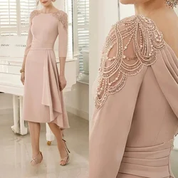 2024 Mother of the Bride Dresses Chiffon Tea-Length A-Line Wedding Elegant Long Beads Guest Party Evening Gala Dress for Women