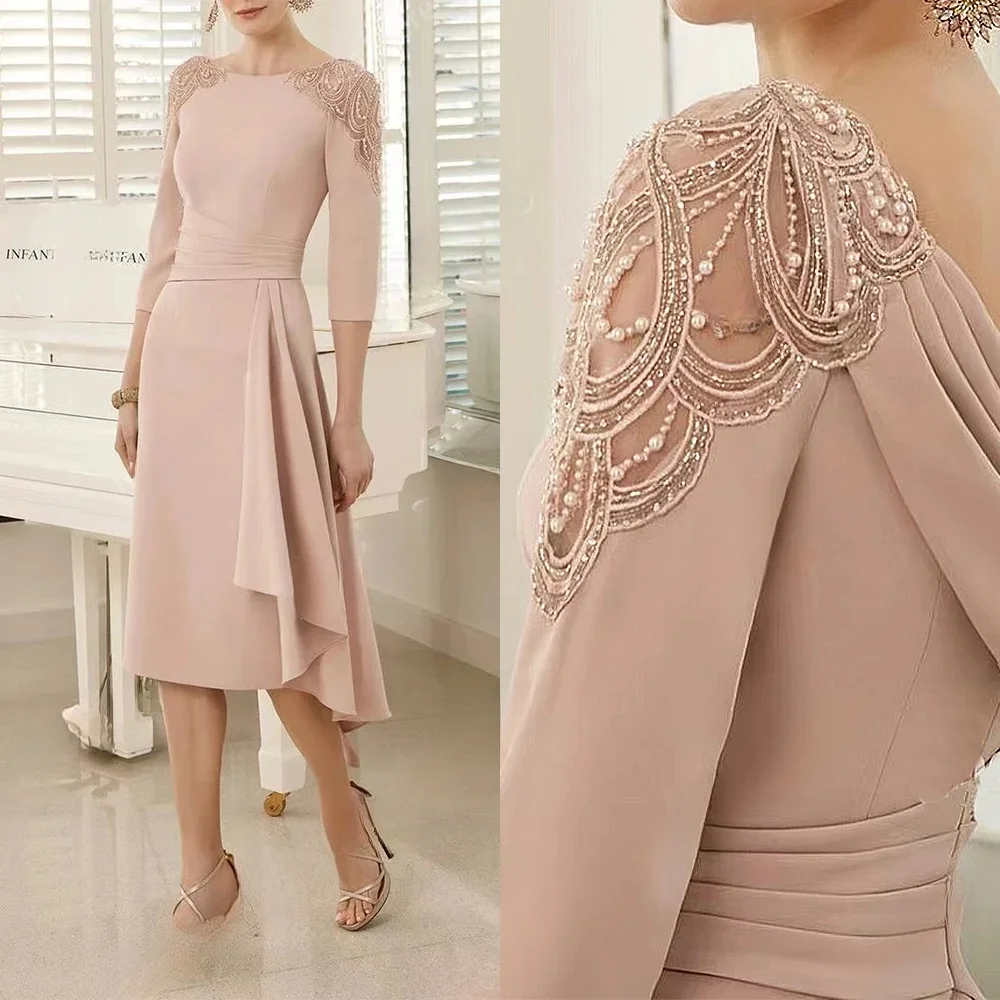 2024 Mother of the Bride Dresses Chiffon Tea-Length A-Line Wedding Elegant Long Beads Guest Party Evening Gala Dress for Women