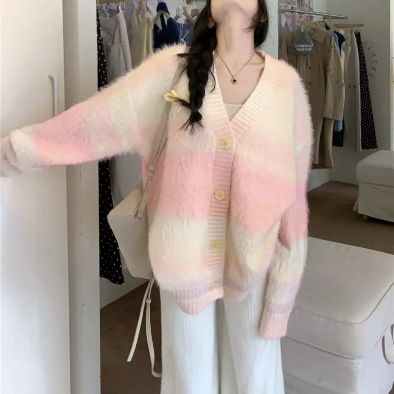 Women Knit Coat Gradient V Neck Casual Spliced Cardigan Sweaters Single Breasted Coats Thick Jumpers Sweet Autumn Winter
