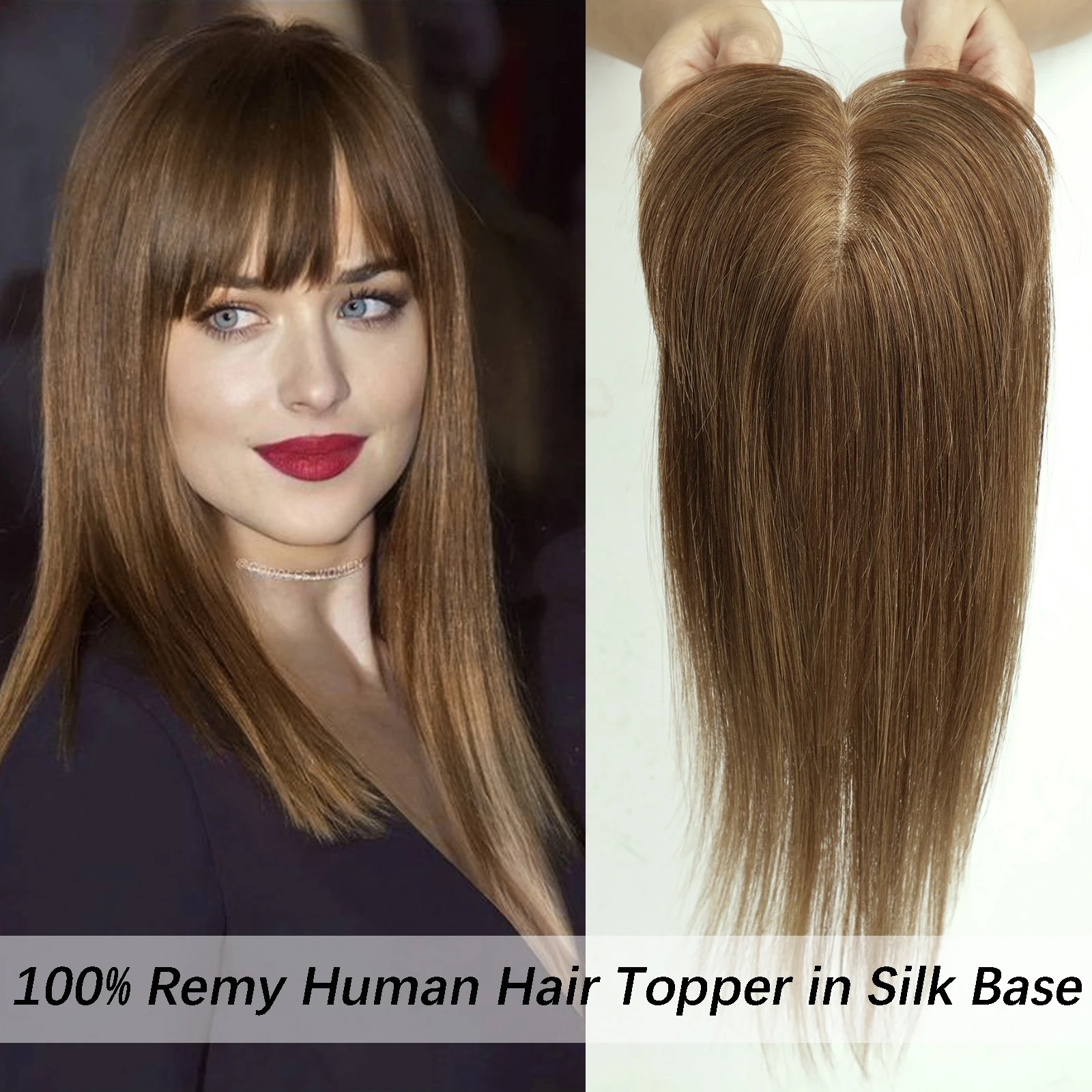 Topper rambut manusia dengan Bang 10/12/14 inci, coklat 100% wig atasan rambut manusia Remy untuk wanita klip dasar sutra dalam potongan rambut