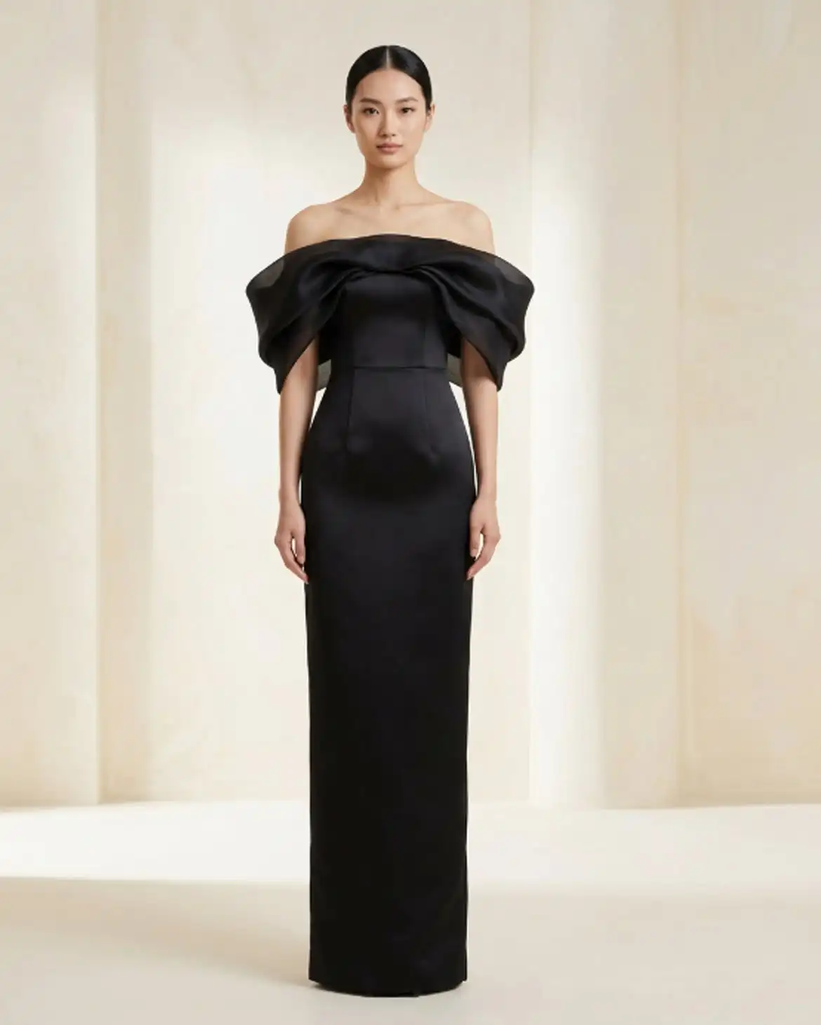 Black Satin Off Shoulder Evening Gown Big 3D Bow Detail Back Slit Mermaid Floor Length Maxi Dress Luxury Formal Black Tie Gala R