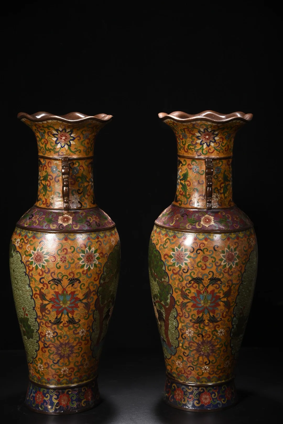 

22"Tibetan Temple Collection Old Bronze Cloisonne Pine Crane Patterned Ase Dragon Ear Bottle Amass wealth Ornaments