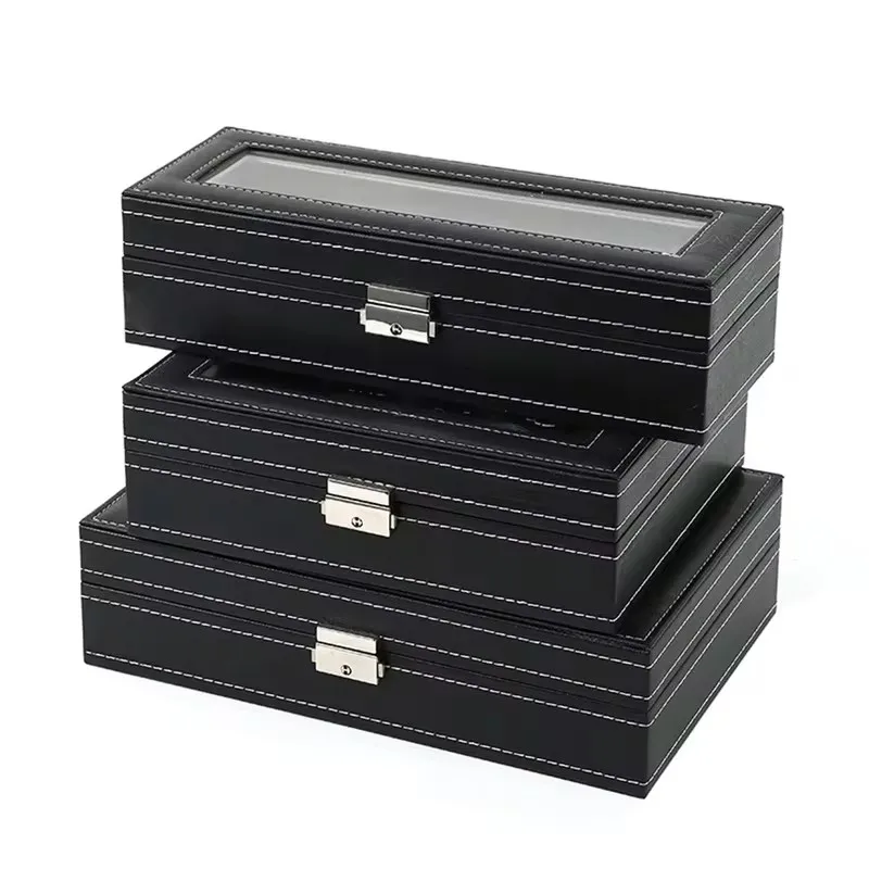 Organizador de exhibición de cuero sintético con tapa de cristal, caja de almacenamiento con múltiples compartimentos para relojes y joyas de hombre, disponible en tamaños de 2 a 12.