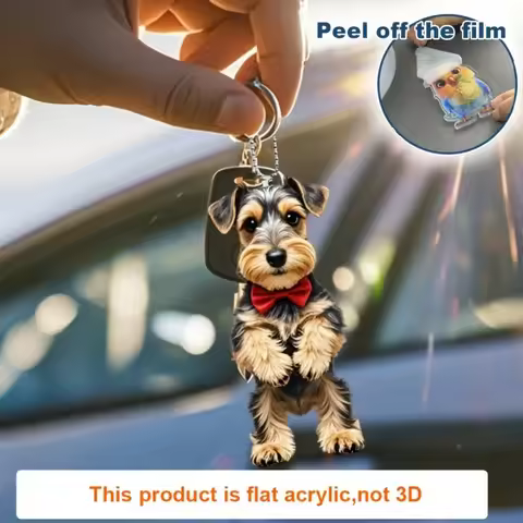 Cute Schnauzer-Patterned Pendant Keychain,Dog with Bow Tie 2D Flat Acrylic Hanging Charm,Decor for Car,Bags,Festive,Party,Gift