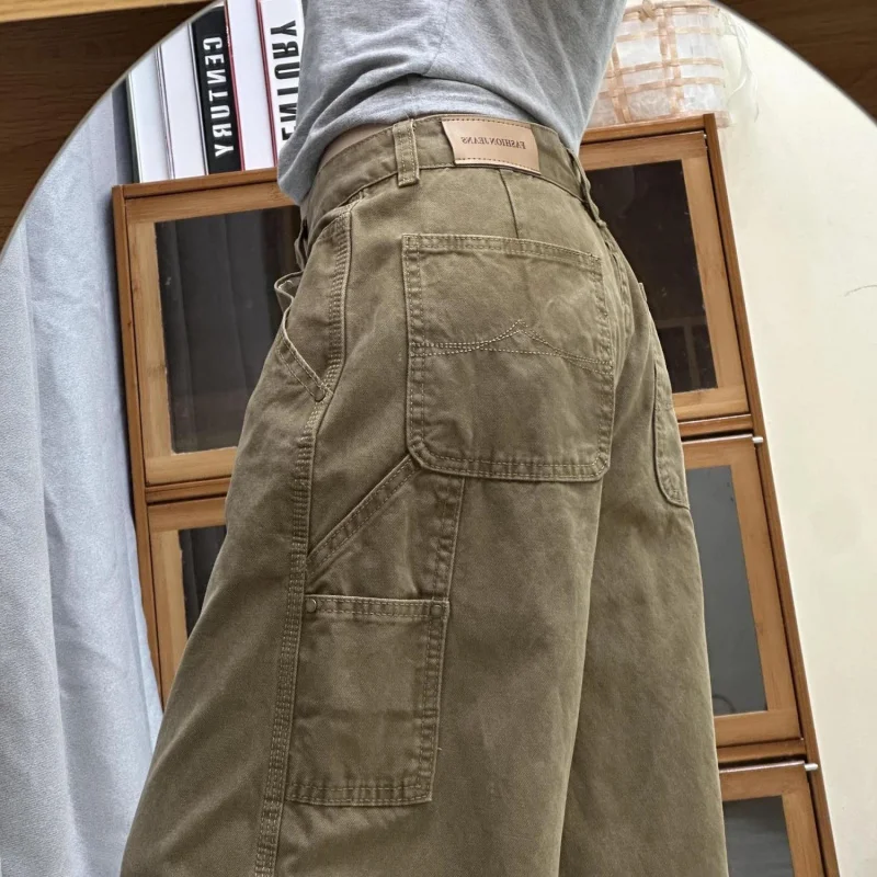 

Американские женские джинсы с высокой талией и широкими штанинами, свободного кроя, 2025. Прямые брюки цвета хаки в пол для невысоких женщин.