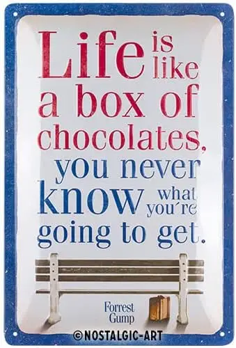 Letrero de metal retro Nostalgic-Art, 7.9; x 11.8;, Forrest Gump – Chocolate – Idea de regalo para fanáticos de el cine, Placa de metal, Aluminio vintage