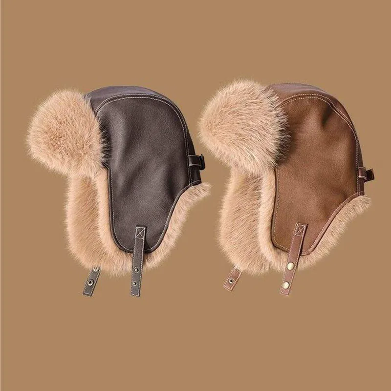 Ushanka Faux Leather Ear Flap Hat Men`s Winter Warm Hat Faux Fur Lined Thick Snow Cap Warm Lining Ear Flap Design Windproof Hat