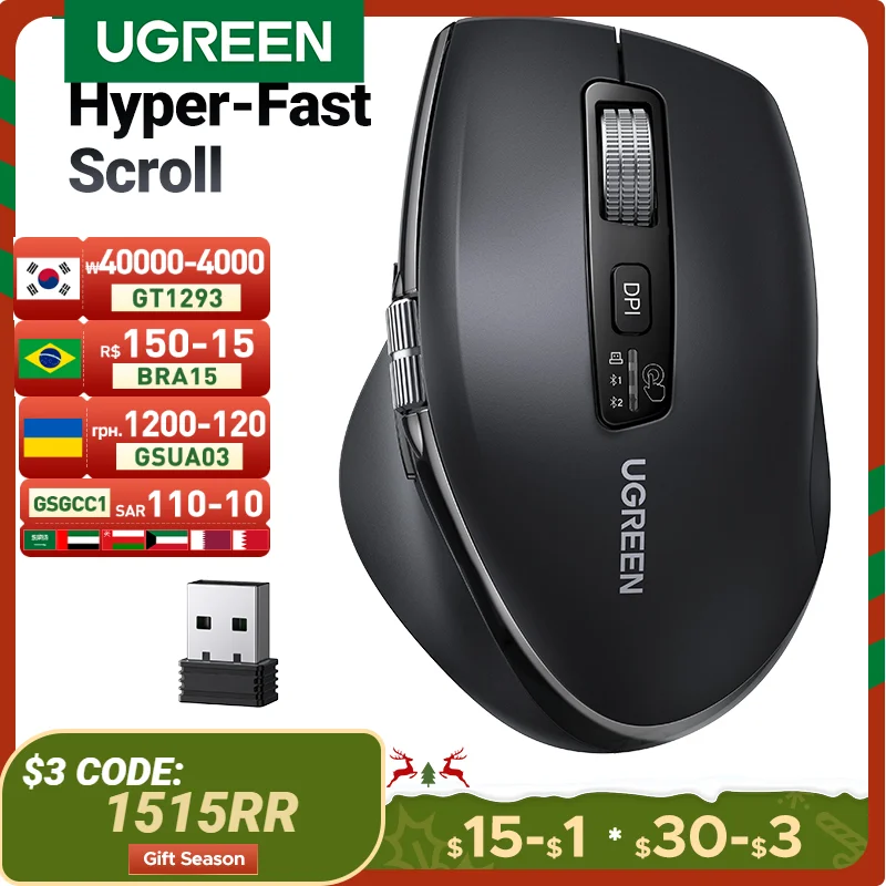 UGREEN Hyper-Fast Scroll Wireless Mouse Bluetooth 5.4 2.4G Ergonomic 5000DPI for MacBook Tablet Laptops Computer PC Mice