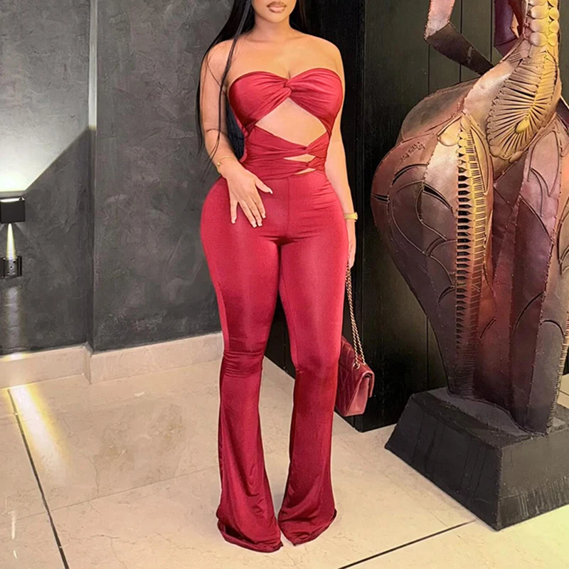 BKLD Rosso Senza Spalline Irregolare Scava Fuori Pieghe A Vita Alta Slim Fit Senza Maniche Backless Tuta Pantaloni Svasati Abbigliamento Da Festa Sexy
