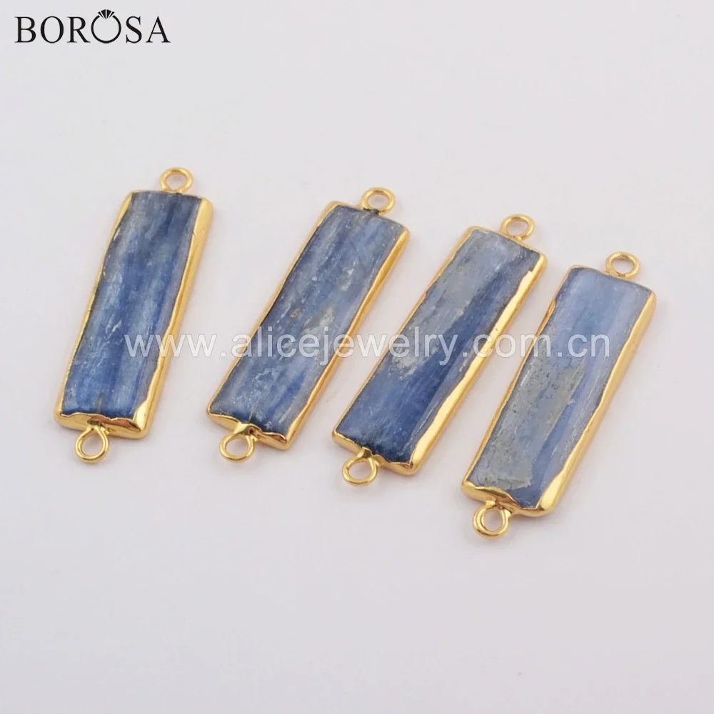 BOROSA 5PCS Rectangle Shape Gild Natural Kyanite Connectors Natural Blue Stones Double Charms for Bracelet Jewelry Accessories