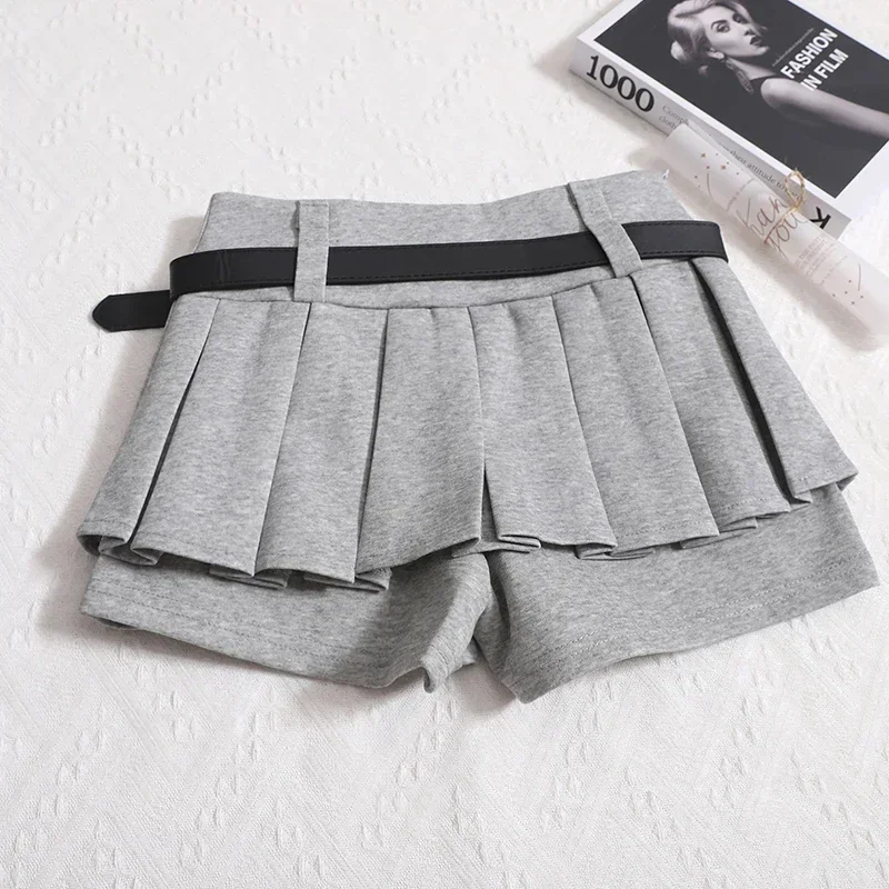 2025 Womens Shorts Autumn Winter Belt High Waist Fluffy Pleated A-line Short Pants Korean Fashion Sexy Y2k All Match Clothes