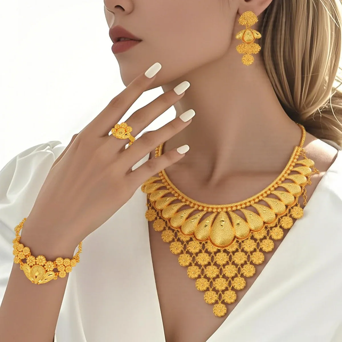 

Light Luxury Flower Necklace Earring Bracelet Ring Set For Women 24K Gold AU999 Elegant flower design full set elegant