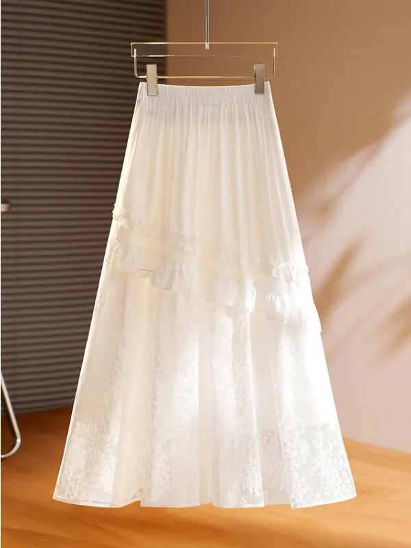 

Romantic White Lace Half Skirt Women's High Waist Thin Pleated Long Fairy Skirt Summer New Style A-Line Skirt Polyester Fabric