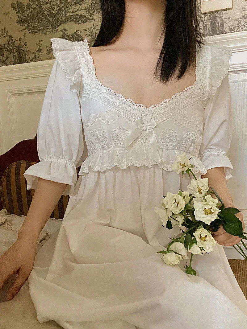 Summer Women's Sleepwear Cotton Princess Antique Dress  Sleepshirts Vintage Ladies Girl's French Style Lace Nightgown Nightdress