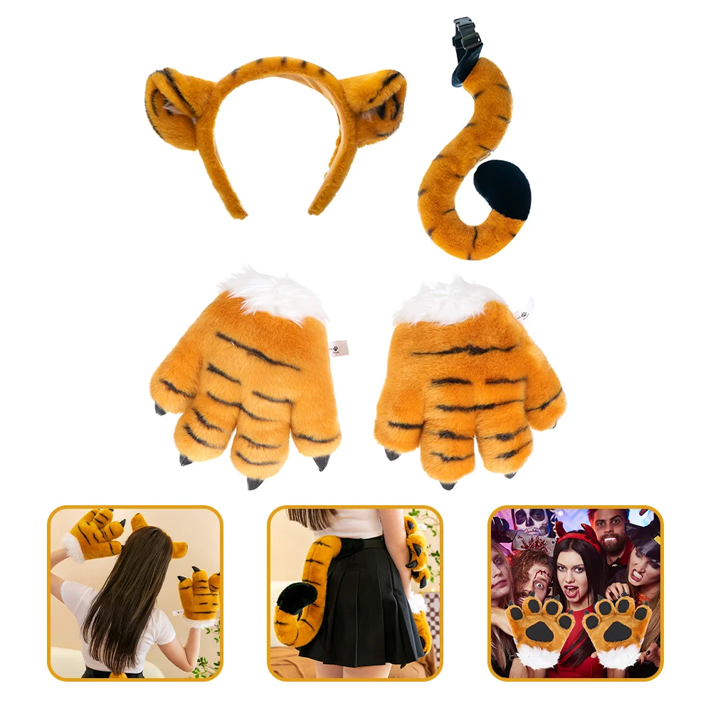 Tiger Cosplay Tail Party Costume Prop Kids Animal Props Plush Material Ear Headband Child Tails Claw Gloves