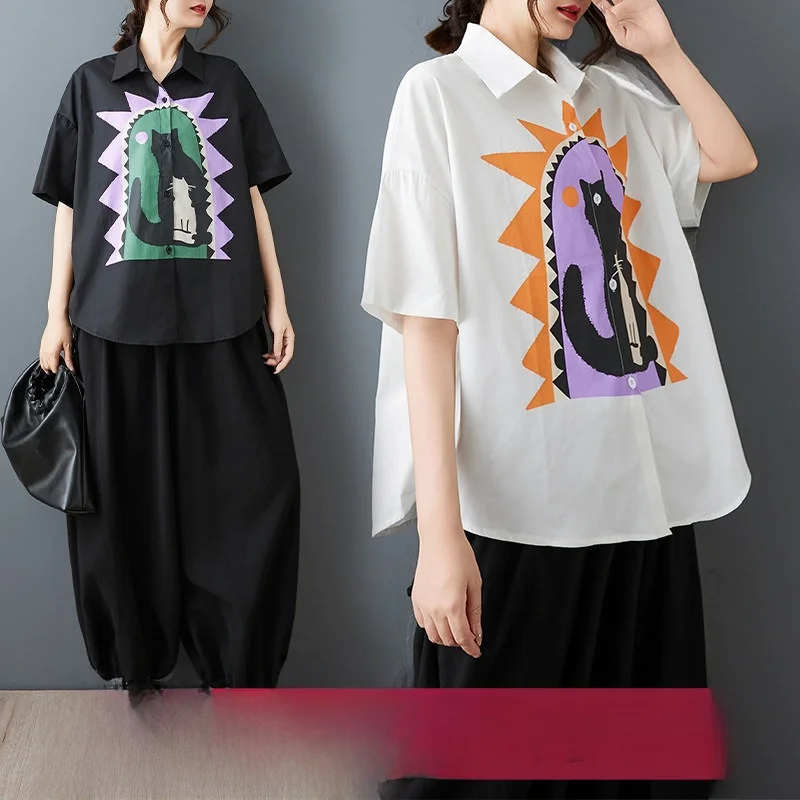 

Retro Style Loose Fit Short Sleeve Shirt Design Summer New Pure Color Commute Slimming Women's Top Fashionable Printed Blouse