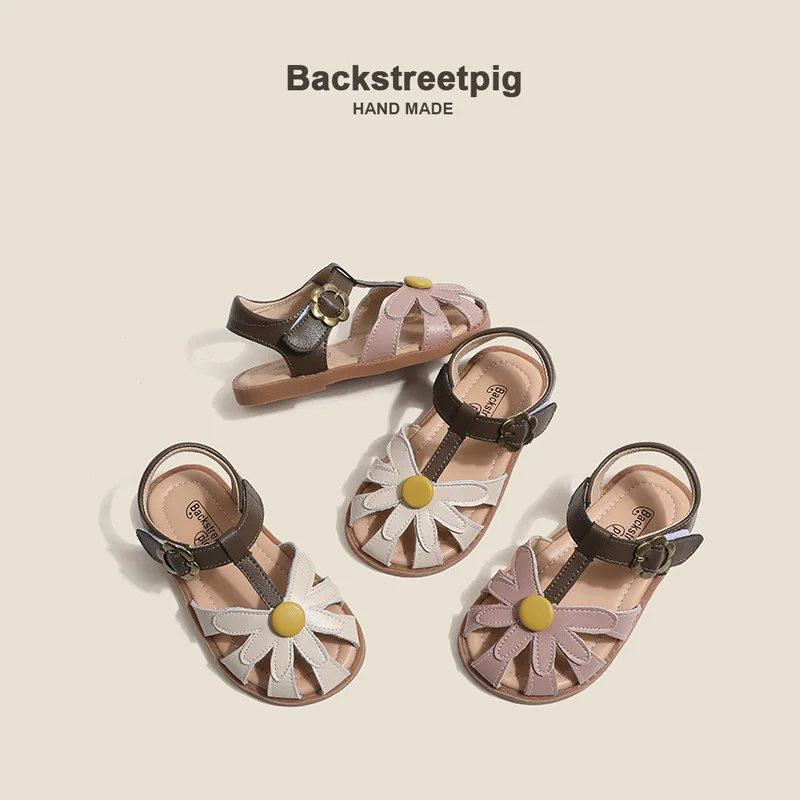 

Girls Sandals 2024 Summer New Flowers Fashion Korean Leather Sandals Breathable Non-slip Girls Beach Sandals Children's Shoes