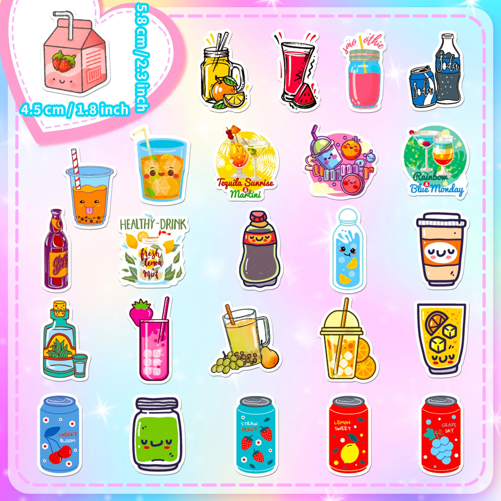 50 pcs/set Various Beverages Cartoon PVC Waterproof Stickers Scrapbooking Diy Journal Stationery Gift Cute Sticker Gift Prizes