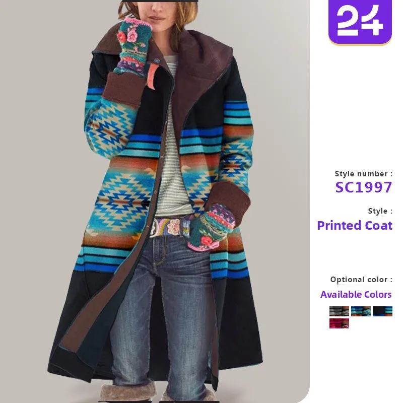 

New 2025 Autumn Winter Women's Medium Length Print Long Sve Dragon And Phoenix Woolen Coat Ele Commuter Sle Outerwear