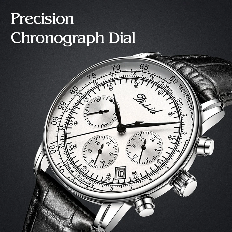Men's Quartz Watch Digital Dial Hour Minute Second Hands Stainless Steel Case Genuine Leather Strap Fashion Wristwatch