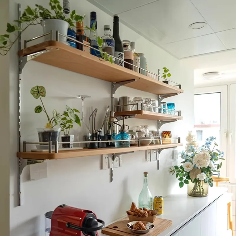 

Bar wall rack solid wood baffle multi-layer storage rack stainless steel guardrail wine cup display rack