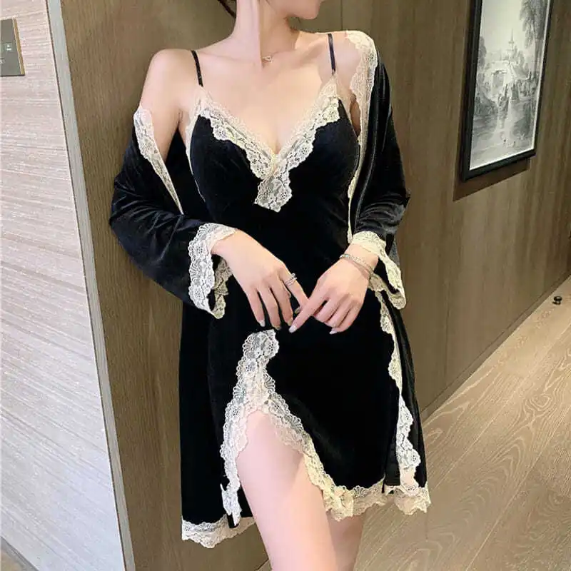 แบรนด์หรูชุดนอนเซ็กซี่ผู้หญิง 2 ชิ้นชุด Nightdresses Nightgown ลูกไม้ Loungewear กํามะหยี่ชุดนอนชุด Robe ชุดราตรี