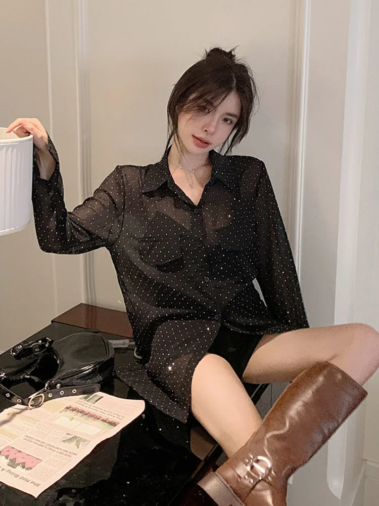 Sexy Women\'s Blouses Black Basic Fashion Cardigan See Through Top Long Sleeve Shirts Summer Beach Outing Female Loose