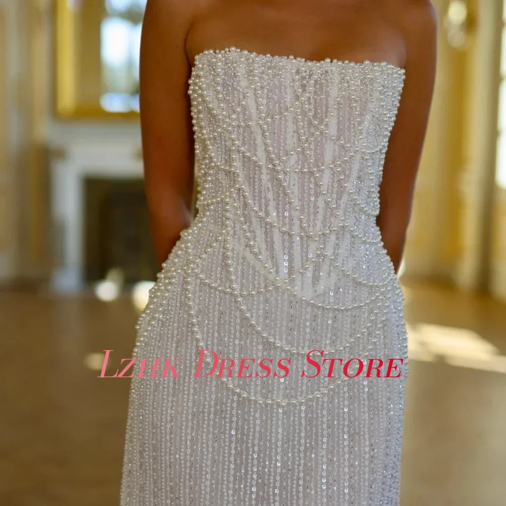 فستان سهرة مستقيم مطرز باللؤلؤ الفاخر مخصص بدون أكمام بدون حمالات فستان سهرة نسائي